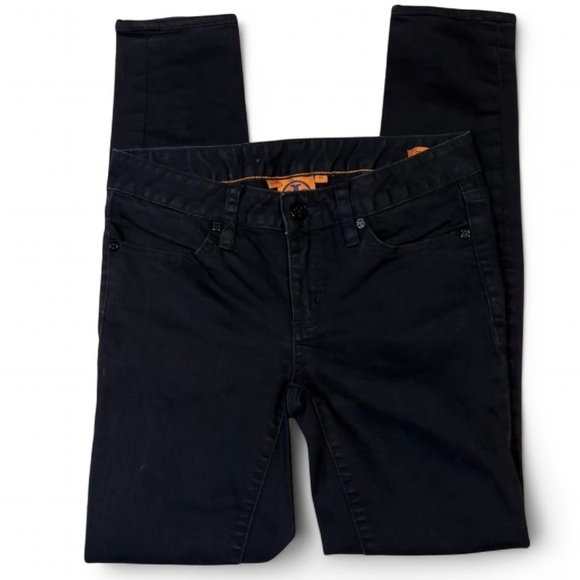 Tory Burch Size 25 Black Denim Legging Jeans Skinny Ankle Low Rise Logo Patch - Picture 2 of 10